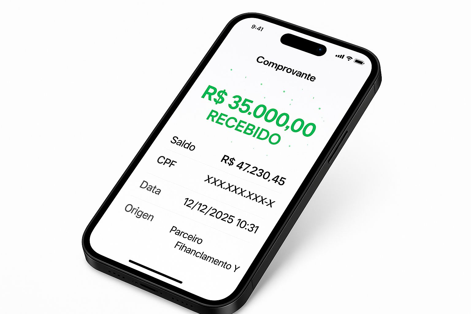 Comprovante de R$35.000 recebido com dados protegidos